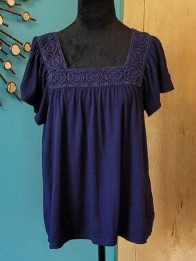 GUC! | ON Square-Neck Crochet-Trim Top | Navy Blue | Size Large